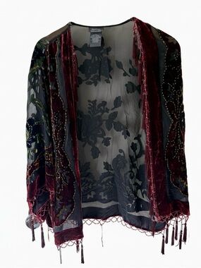 Velvet Trim Embroidered Sheer Robe Kimono